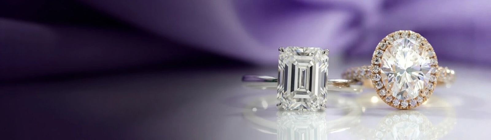 Pure® lab‑grown diamond and Luxe® and Aterna® moissanite engagement rings displayed with fine jewelry