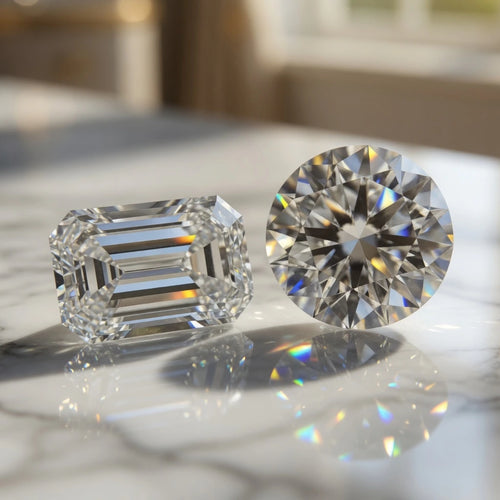 3 carat emerald lab diamond next to a 3 carat round lab grown diamond