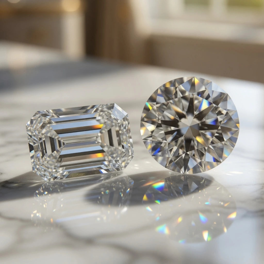 3 carat emerald lab diamond next to a 3 carat round lab grown diamond
