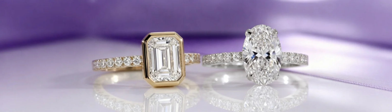 Emerald‑cut and oval lab diamond engagement rings in yellow gold and platinum by Quorri