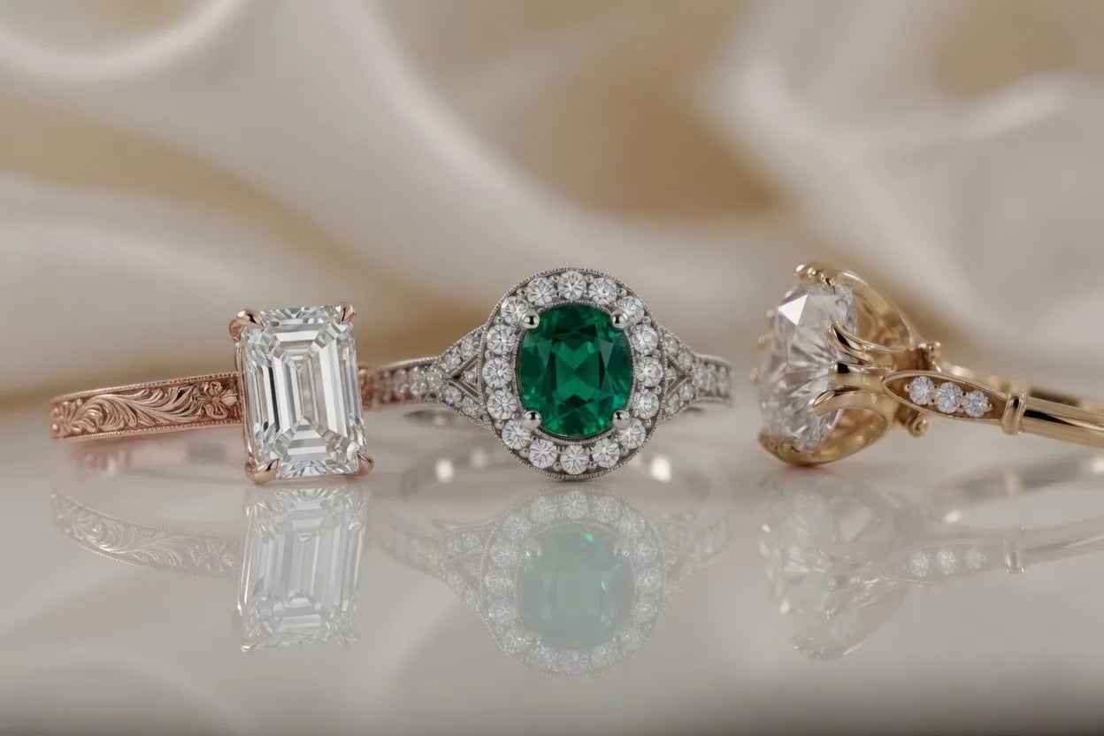 engraved 2 carat emerald lab diamond, green emerald halo and vintage engagement rings - Quorri