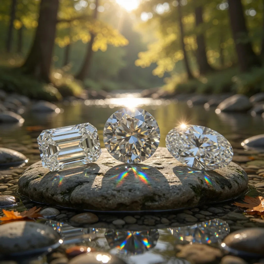Round, emerald and oval cut Pure® lab-grown diamonds displayed in nature — conflict-free certified diamonds Canada