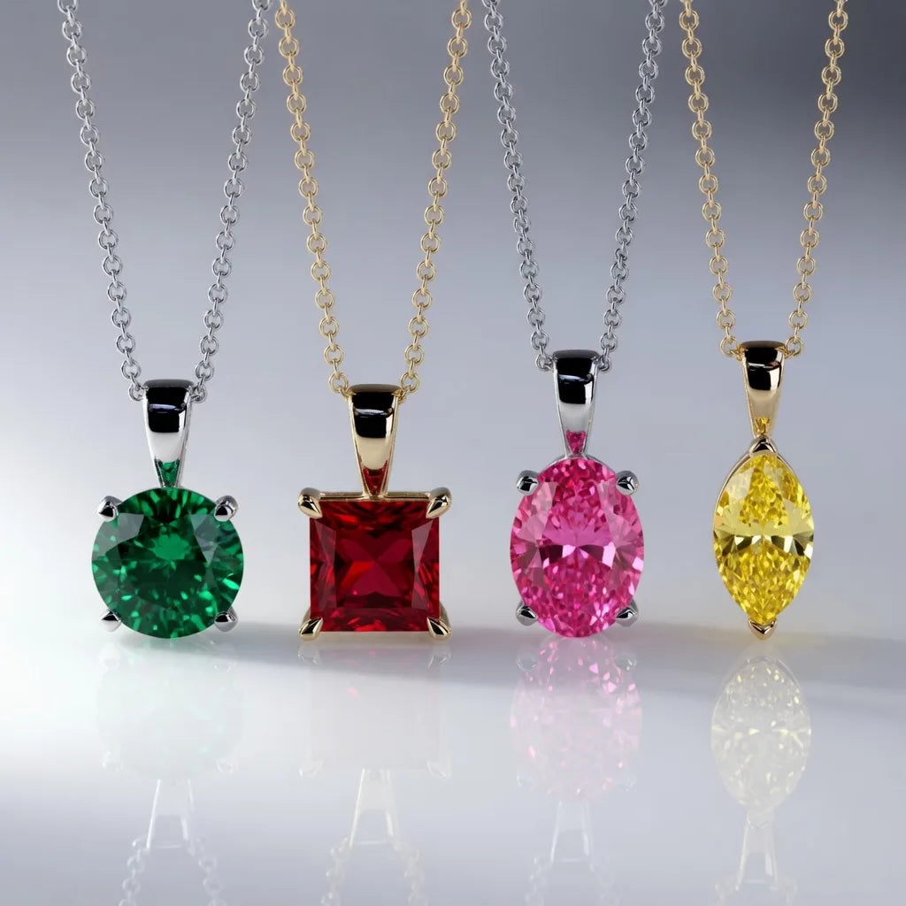 round emerald ruby princess pink sapphire oval and yellow sapphire marquise lab gemstone pendants - Quorri
