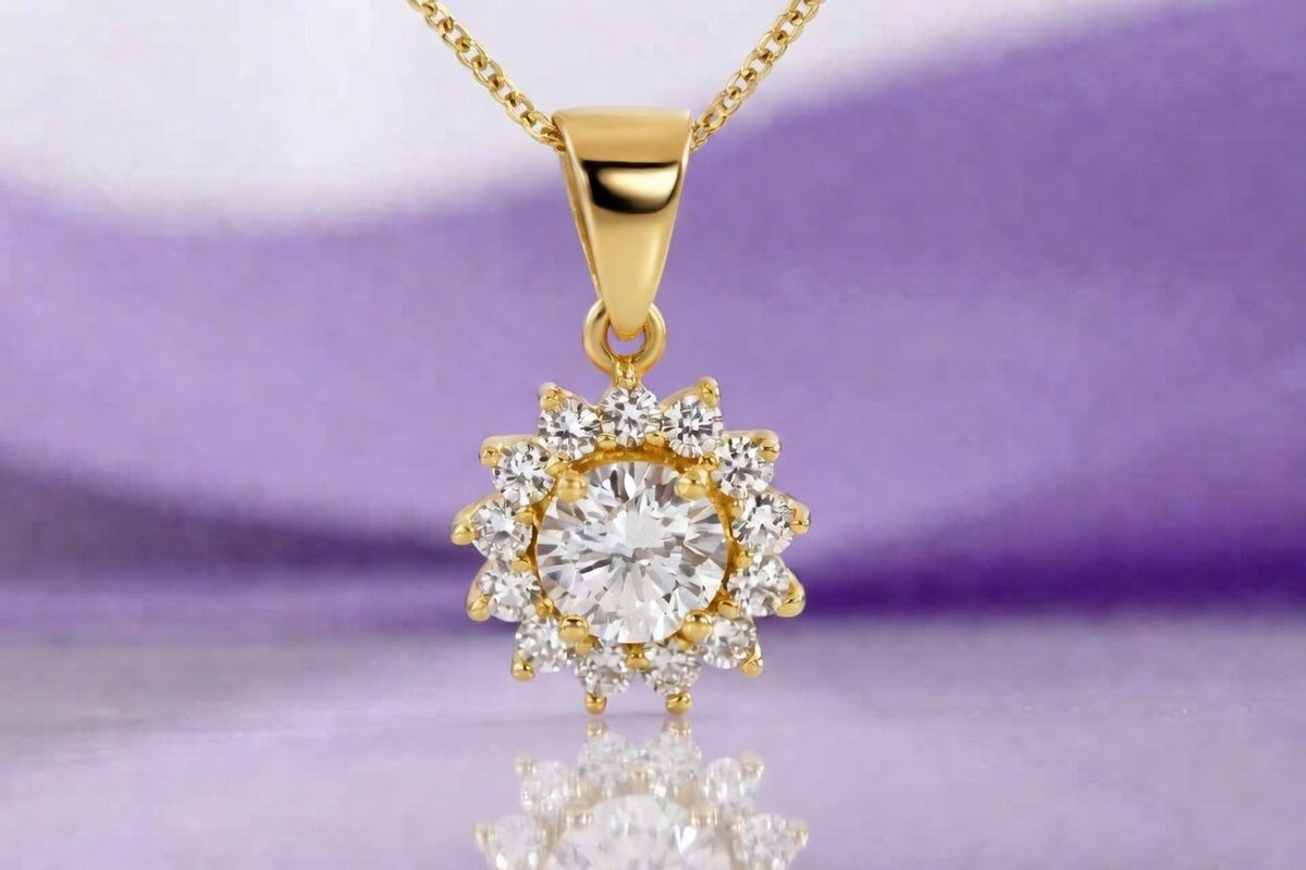 2 carat round lab diamond halo pendant in solid yellow gold at Quorri