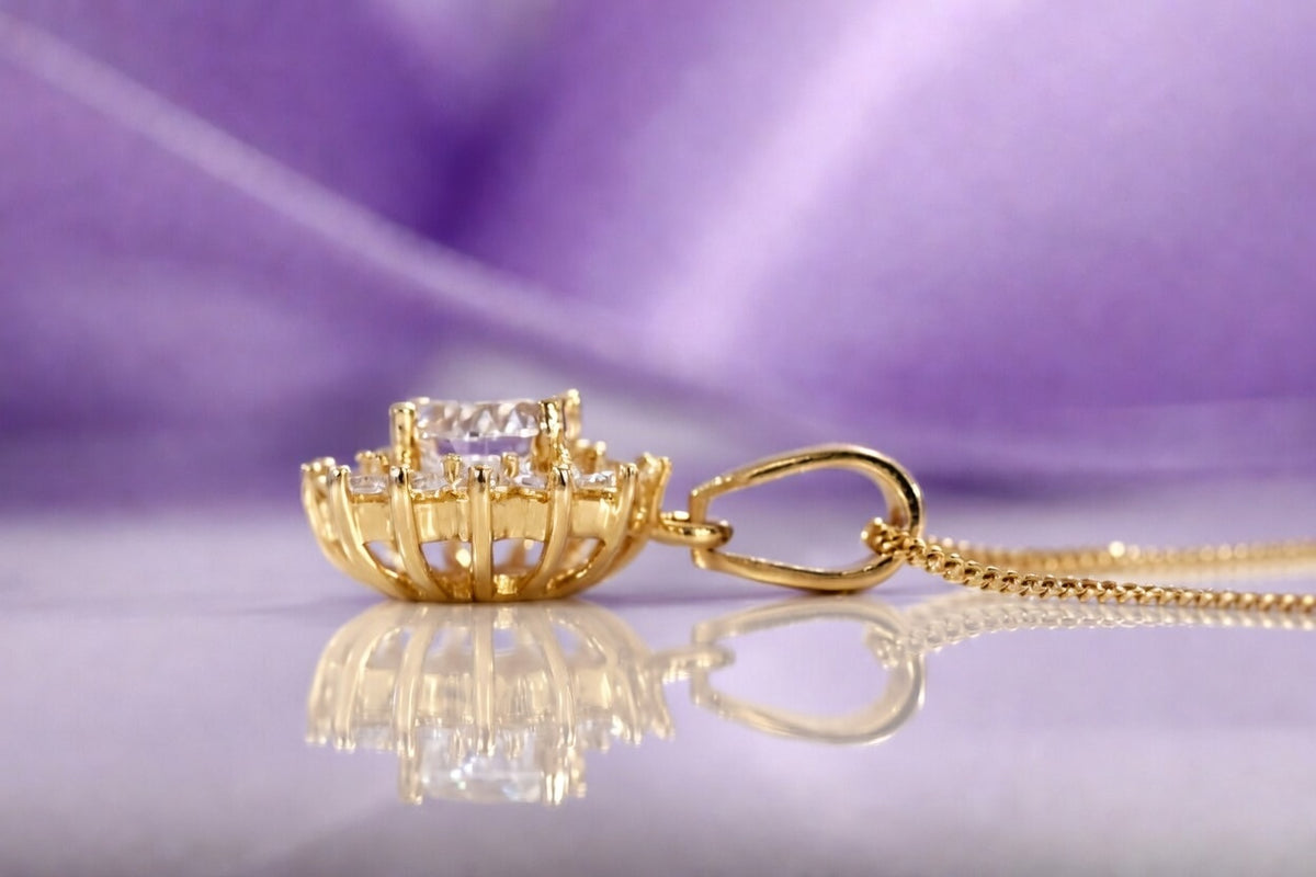 2 carat round halo lab diamond pendant in yellow gold with 18" chain