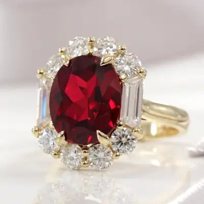 claw prong yellow gold diamond and lab grown ruby engagement ring