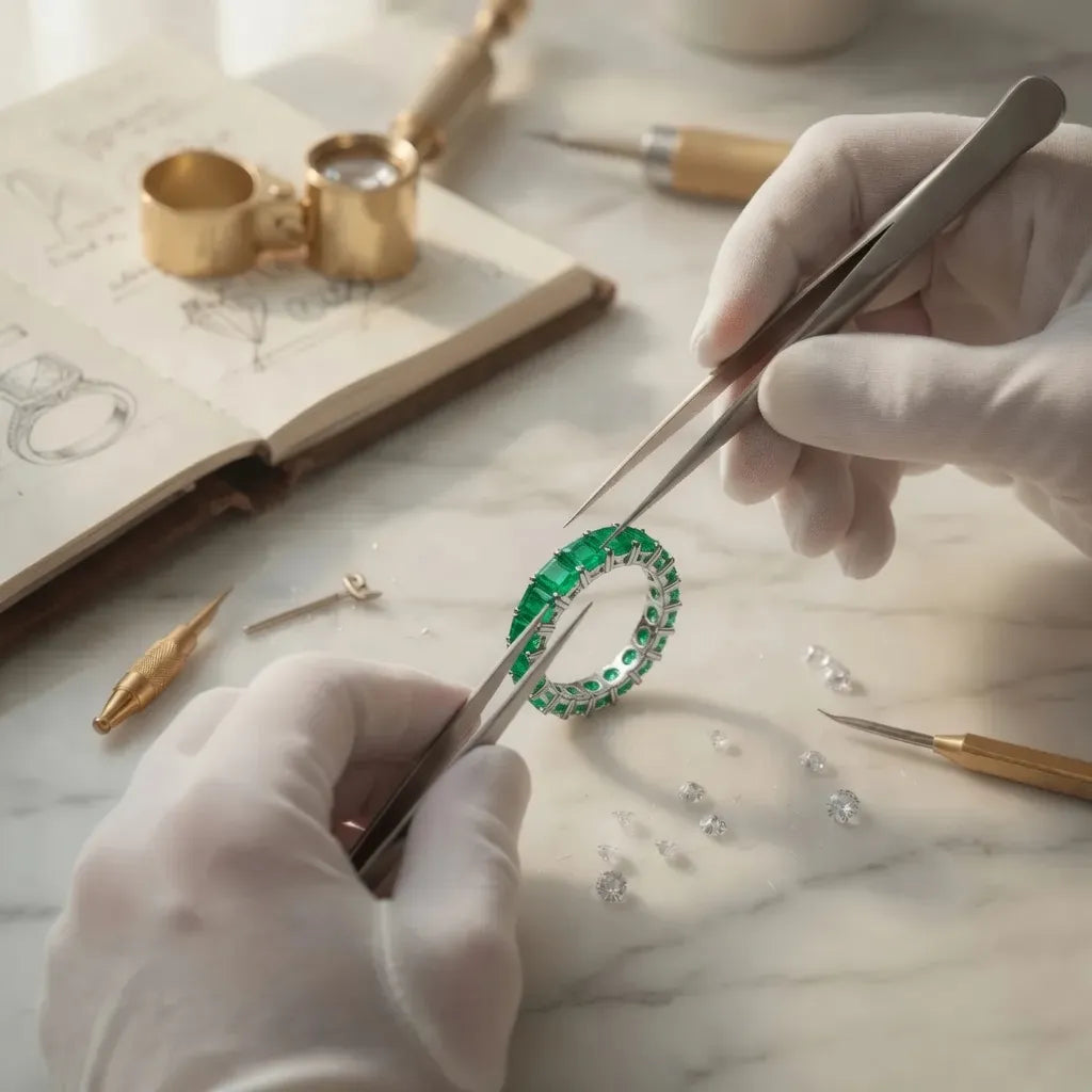 handcrafting a green emerald eternity band in white gold - Quorri