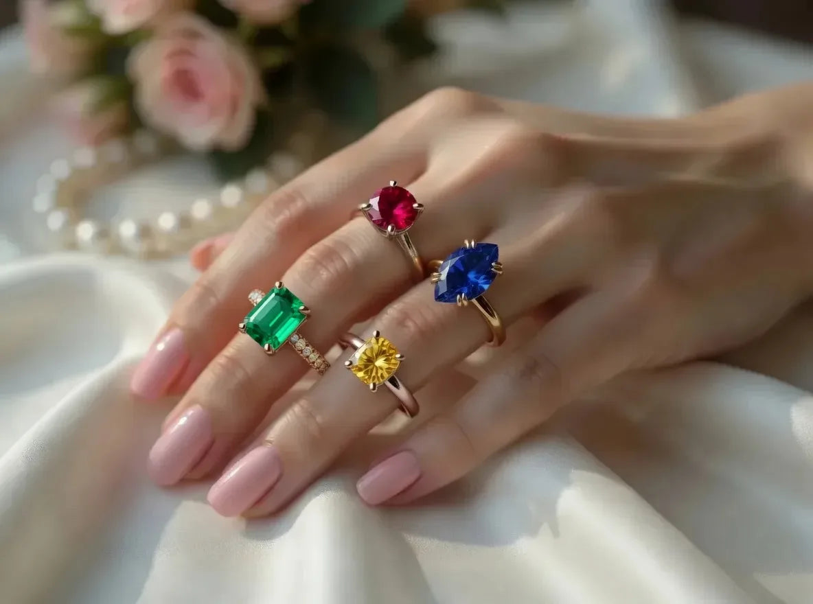 custom green emerald, red ruby, blue sapphire and yellow sapphire engagemet rings at Quorri