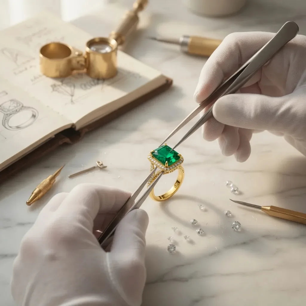 handcrafted lab grown green emerald with diamond halo and accents in yellow gold - Quorri