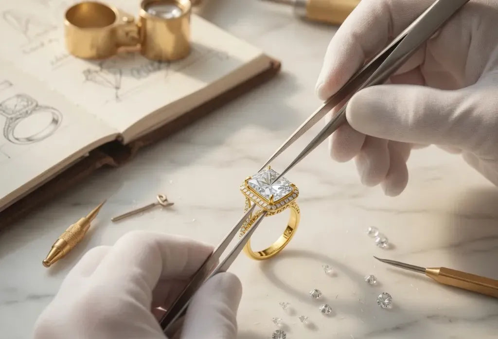 handcrafted yellow gold radiant lab diamond engagement ring with diamond accents on halo and band - Quorri