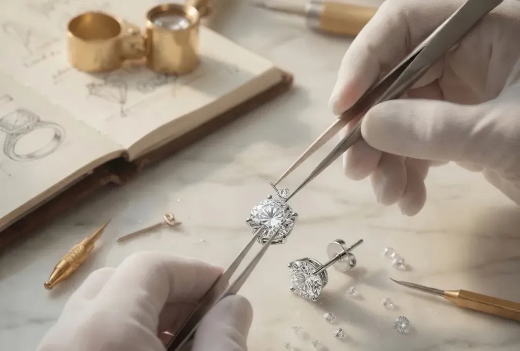 handcrafted lab diamond stud earrings in white gold at Quorri