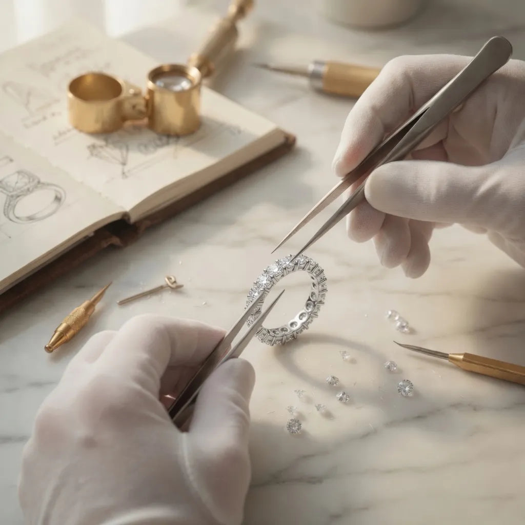 handcrafting a round lab diamond eternity band in white gold at Quorri Canada