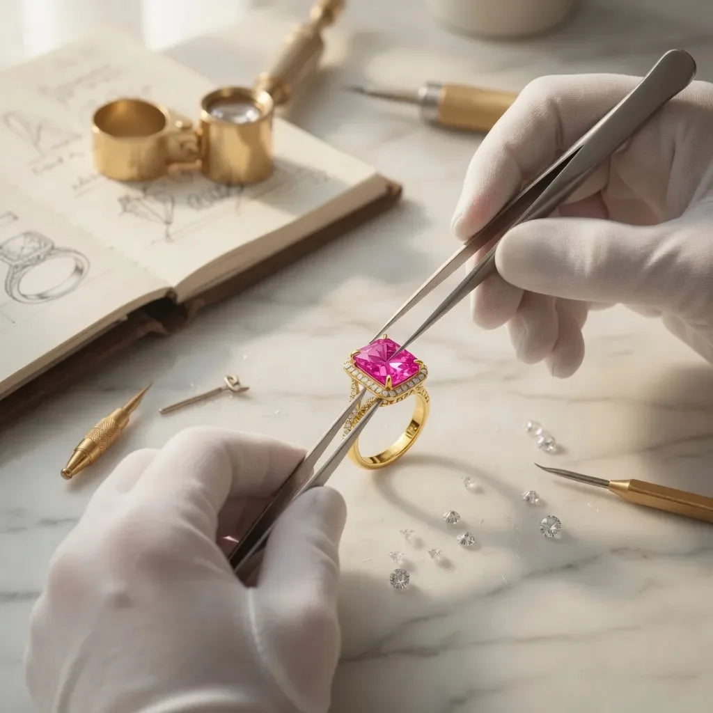 handcrafted lab grown pink sapphire engagement ring with diamond halo in yellow gold - Quorri