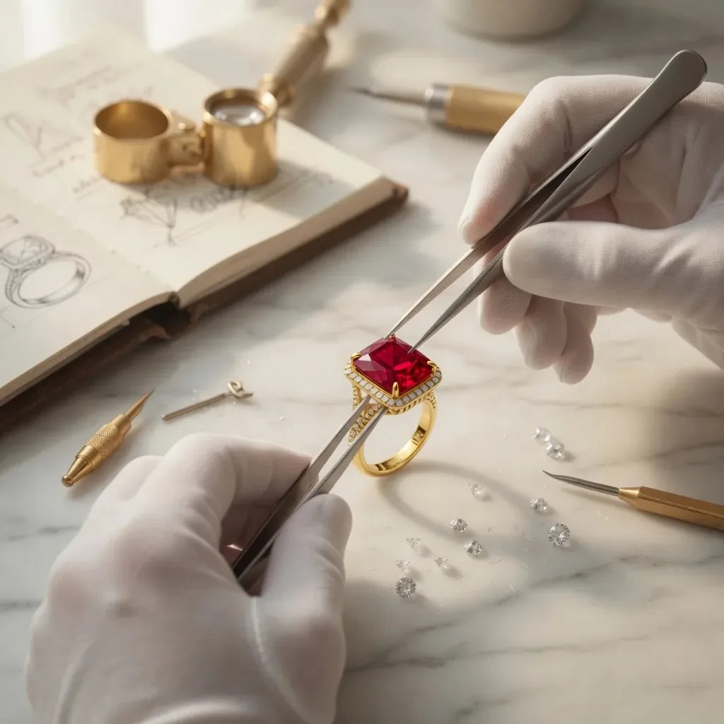handcrafted ruby halo ring with lab diamond accents in yellow gold - Quorri