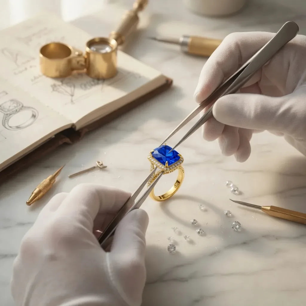 handcrafted blue sapphire halo ring in yellow gold at Quorri