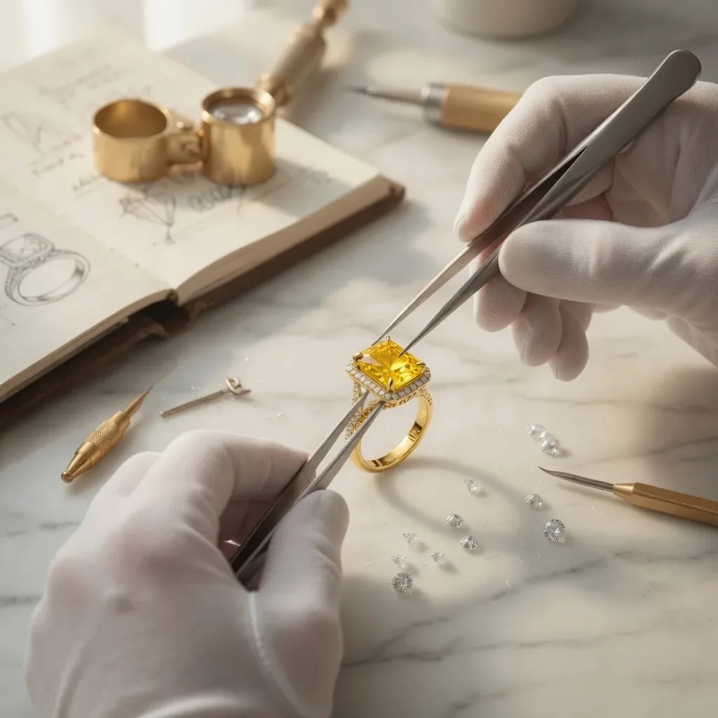 handcrafting a yellow halo sapphire engagement ring with lab diamonds in yellow gold - Quorri