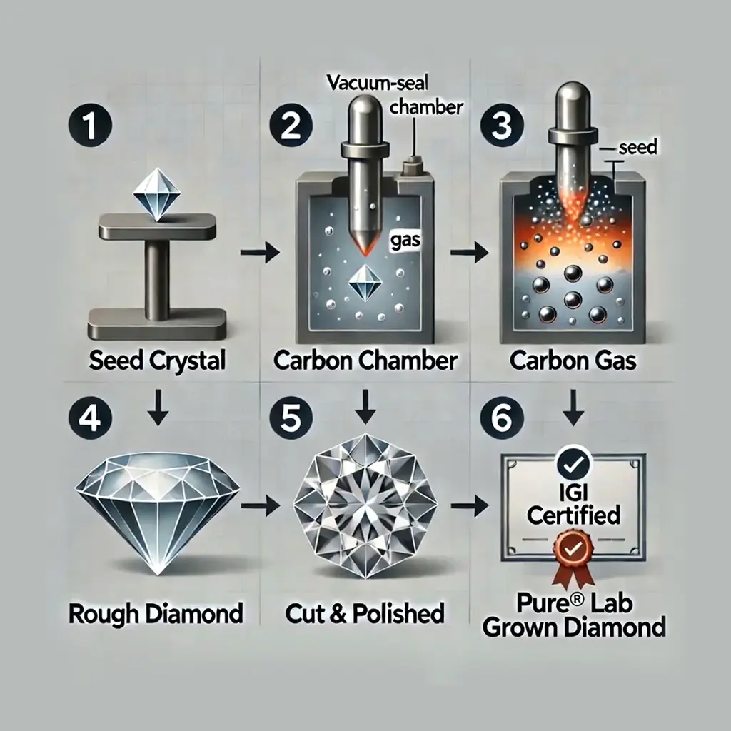 Diagram of the process for creating a pure lab-grown diamond, including seed crystal, carbon chamber, and certification - Quorri