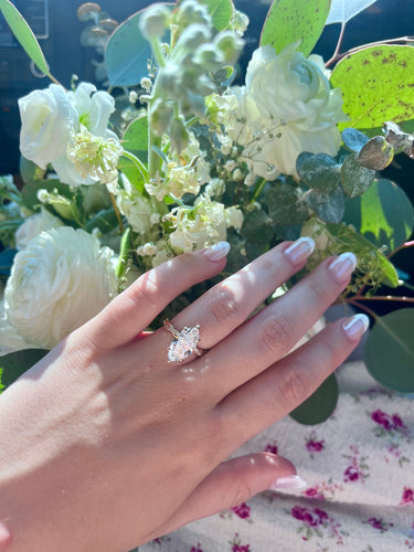custom hand-crafted 3 carat marquise lab diamond engagement ring in yellow gold by Quorri