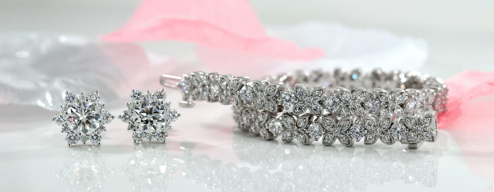custom lab diamond tennis bracelet and halo earrings from Quorri Canada