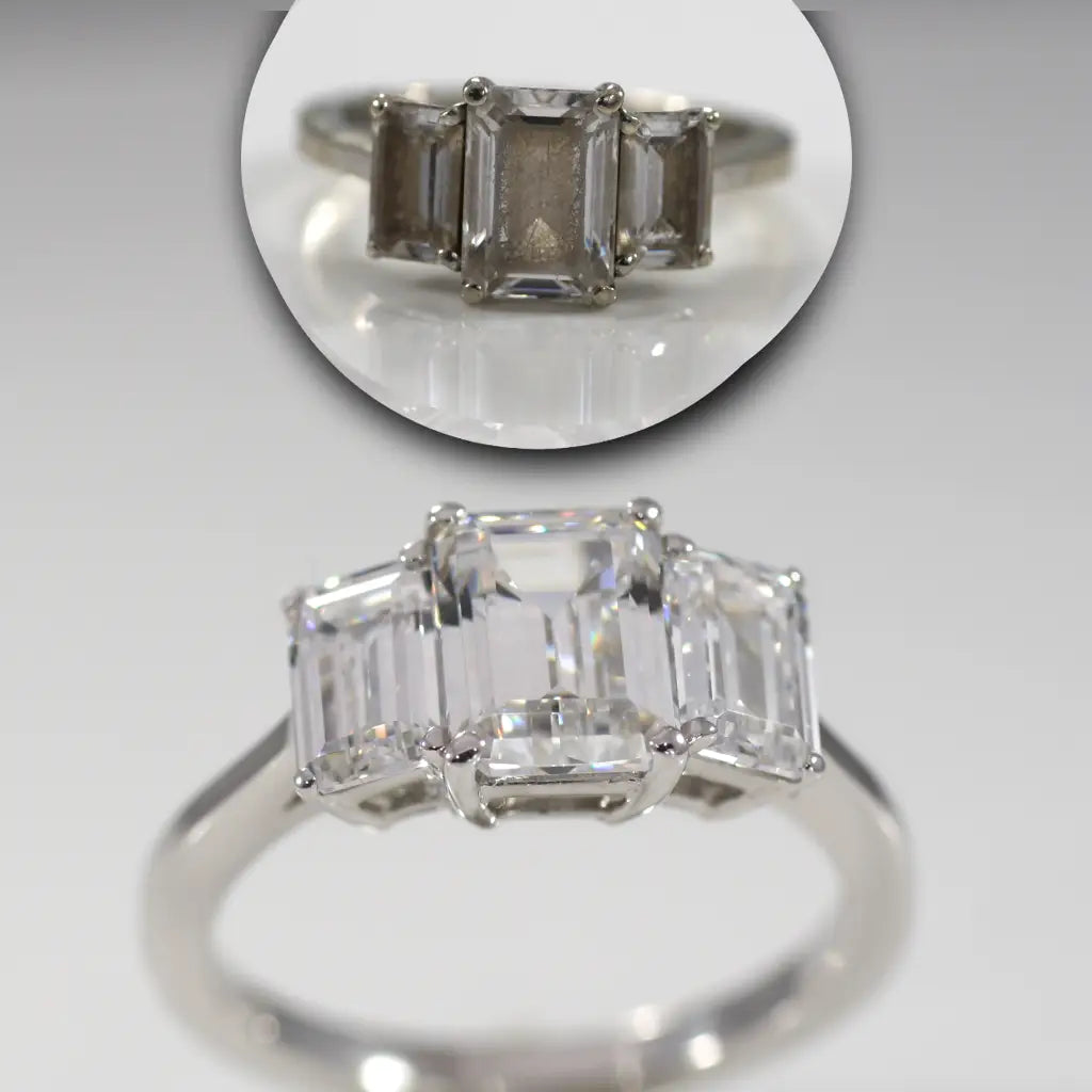 three stone emerald ring transformation and service Quorri Canada