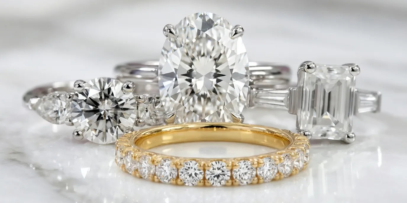 round three stone, oval solitaire, emerald three stone and eternity band rings at Quorri