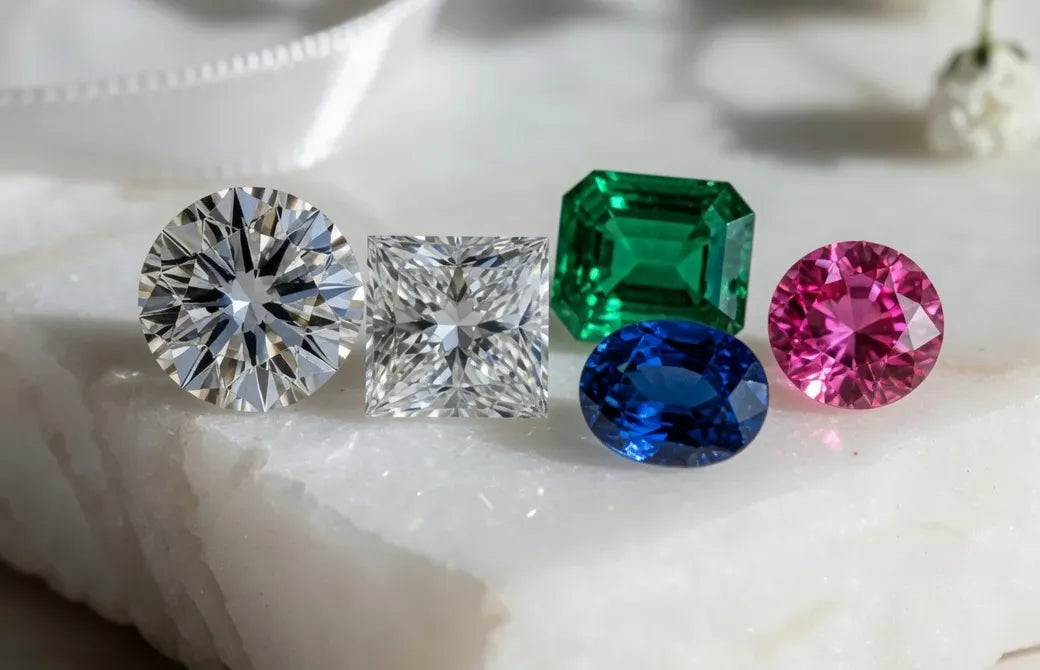 round and princess lab diamonds with green emerald, blue oval sapphire and pink round sapphire - Quorri