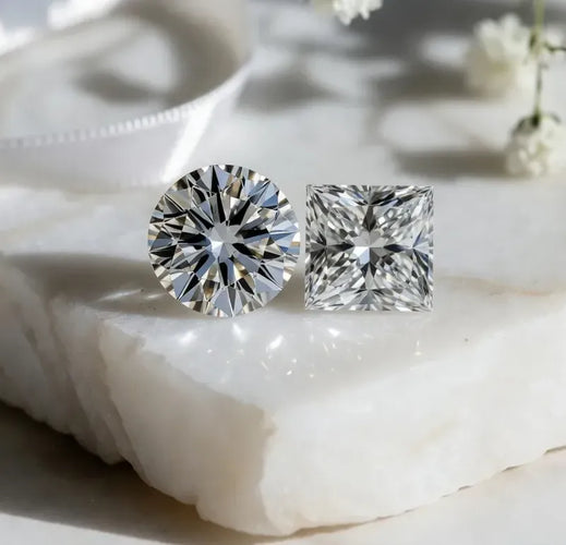 round and princess cut Quorri PURE lab grown diamonds on marble 