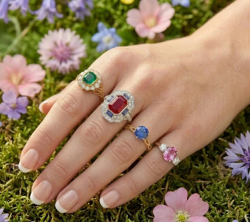 Hand wearing multiple lab grown gemstone rings Quorri