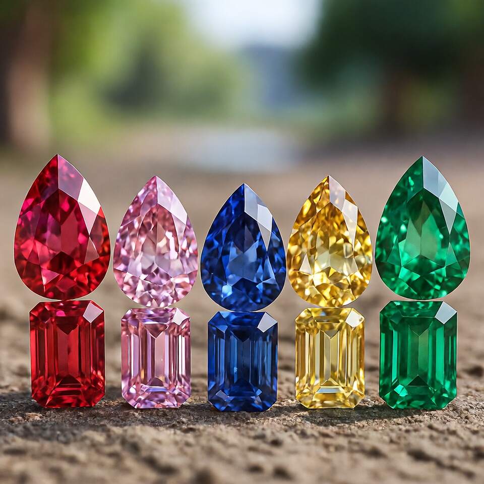lab grown pink yellow blue sapphires, green emerald and red ruby in pear and emerald diamond cut - Quorri