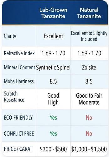 Comparison table of lab-grown and natural tanzanite properties.