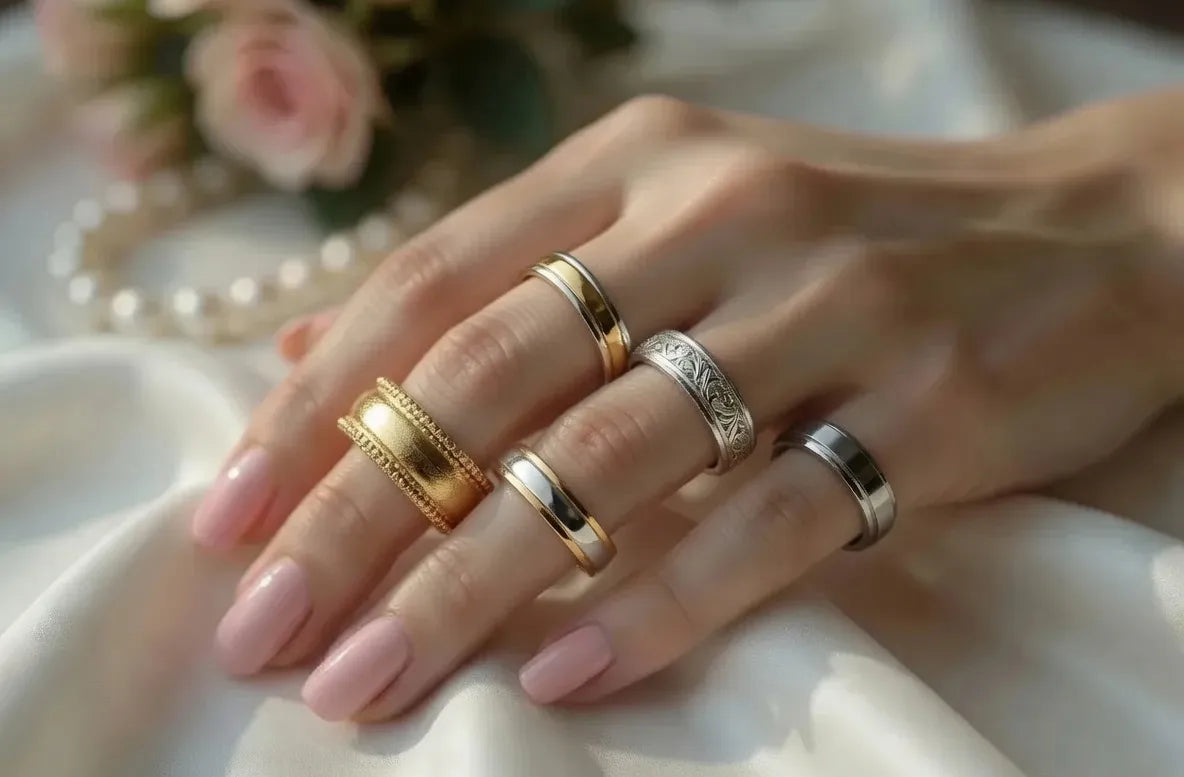 white and yellow gold men's and women's wedding bands