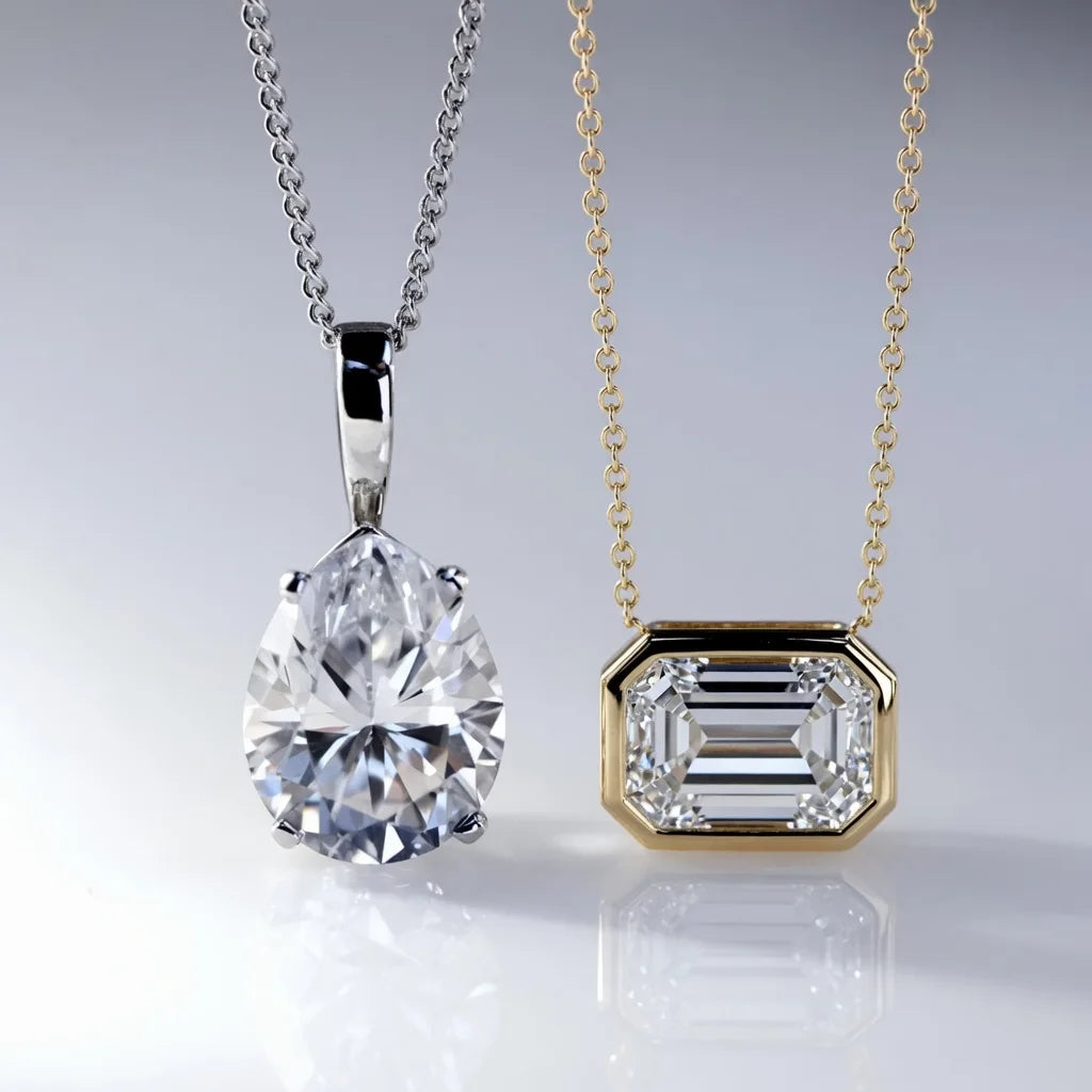 Lab diamond pear and emerald pendant necklace handcrafted in gold and platinum by Quorri
