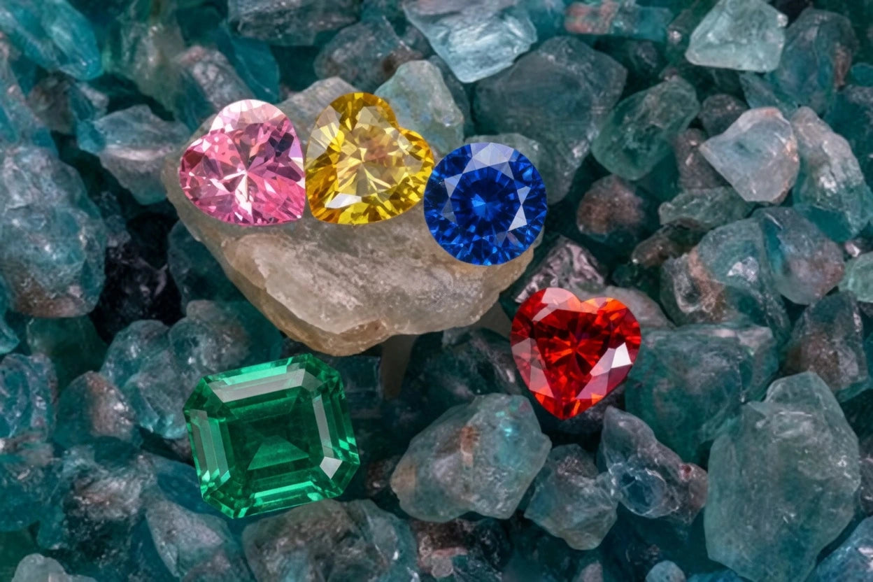 lab grown pink yellow sapphire heart red ruby heart blue round sapphire and green emerald