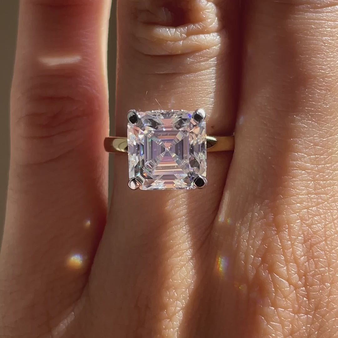 designer two-tone gold affordable under-halo 3 carat asscher lab diamond engagement ring Quorri
