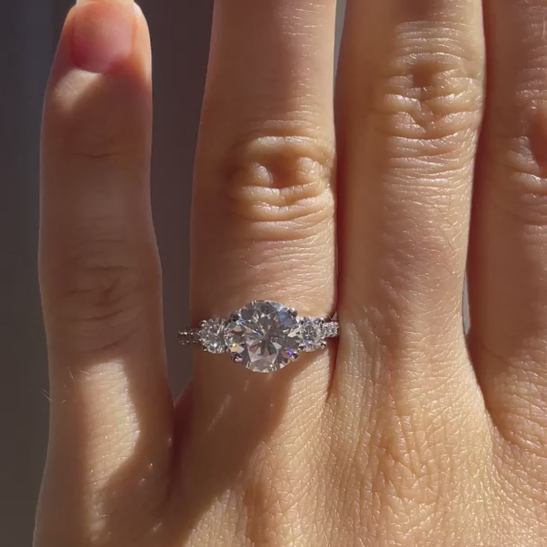 2 carat 18k white gold three stone round lab created diamond accented engagement ring Quorri