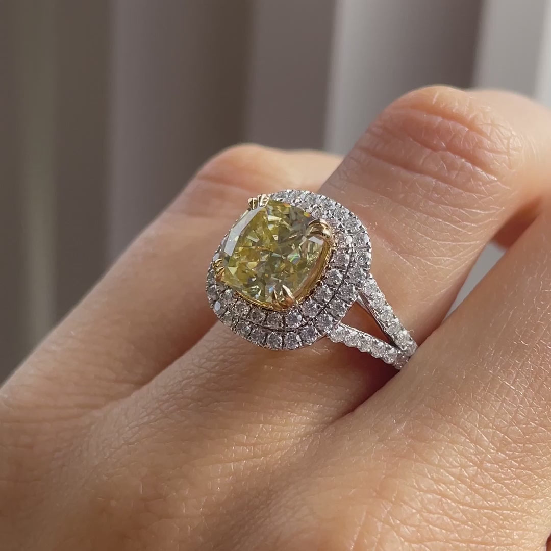 designer double halo dual claw two-tone gold 3 carat cushion cut lab grown cultured yellow sapphire engagement ring at Quorri Canada