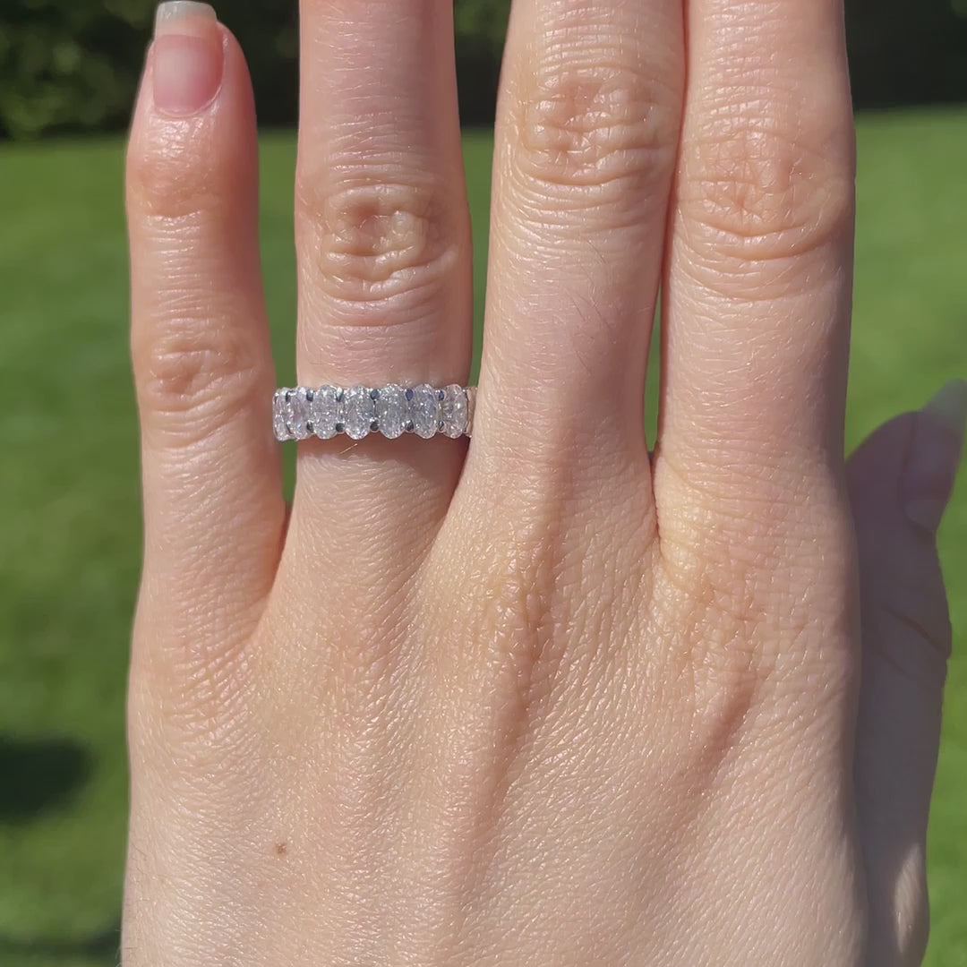 designer 18k white gold 3 carat total weight oval lab diamond eternity wedding and anniversary band Quorri Canada