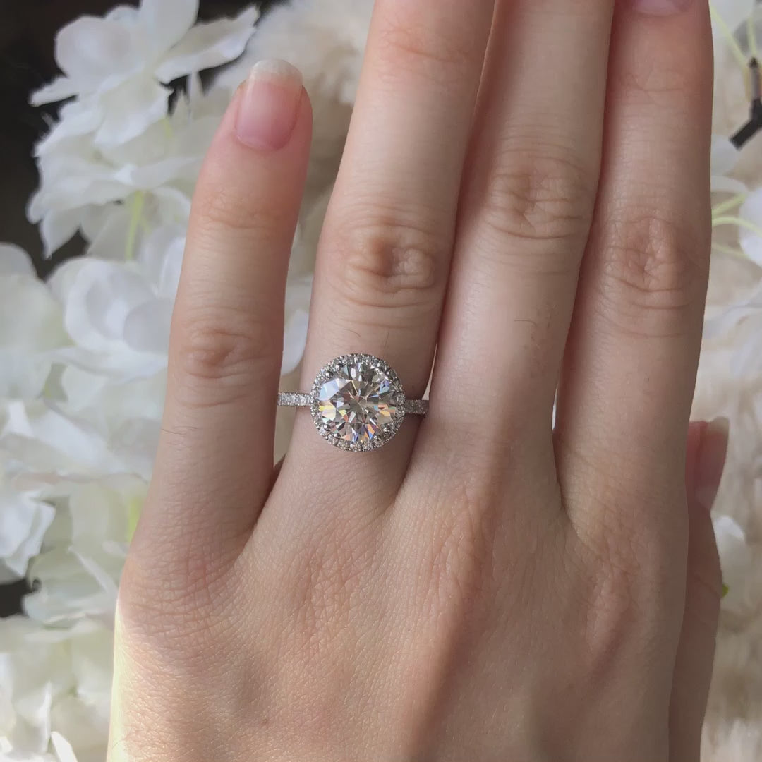 affordable 2.50 carat 18k white gold accented halo round lab created diamond engagement ring Quorri Canada