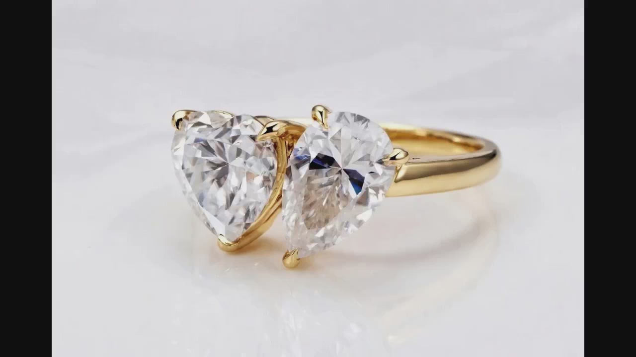 Toi et Moi 2 carat lab grown diamond heart, claw prongs with 2 carat lab diamond pear in yellow gold solitaire ring - Quorri