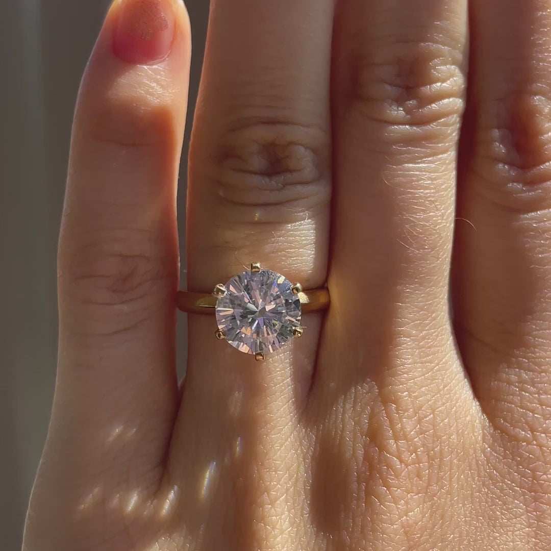 3.5 carat 18k yellow gold six prong tiffany inspired round lab diamond solitaire engagement ring Quorri Canada