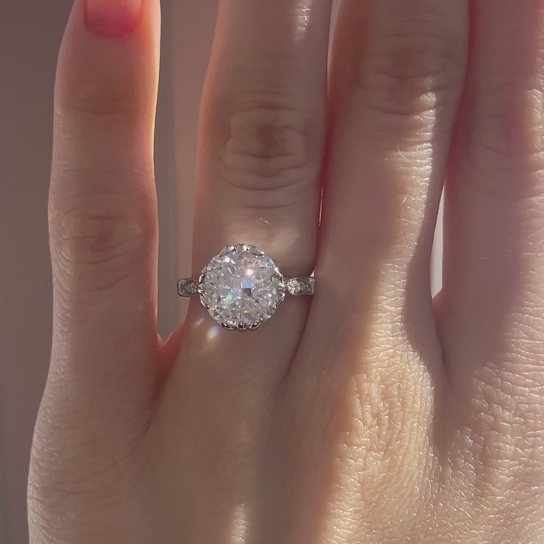 14k white gold designer vintage antique claw prong 3 carat cushion lab made diamond engagement ring Quorri Canada