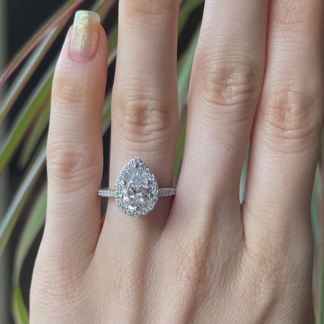 designer platinum accented 2 carat pear halo lab grown diamond engagement ring Quorri Canada