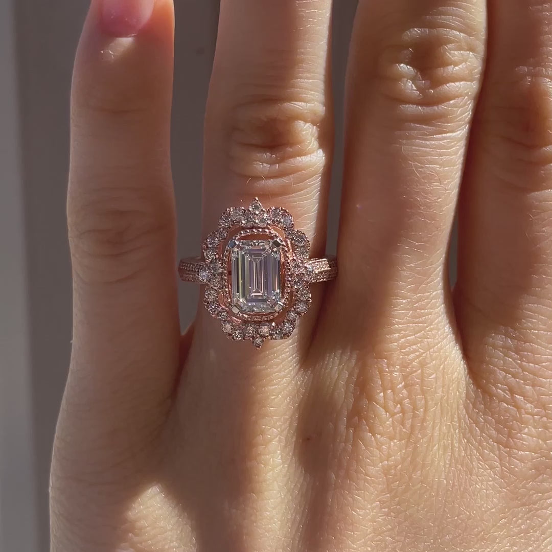 14k rose gold designer vintage 2 carat emerald cut lab diamond halo accented engagement ring Quorri Canada