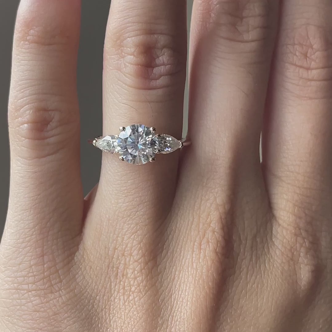 2 carat yellow gold three stone round and pear accented lab diamond engagement ring Quorri