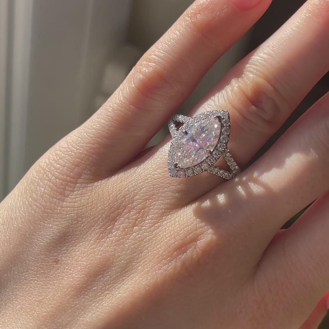 Designer 3.00 carat Marquise Certified Lab Grown Diamond Halo Engagement Ring, Split Accented Band in Solid 18k White Gold Quorri 