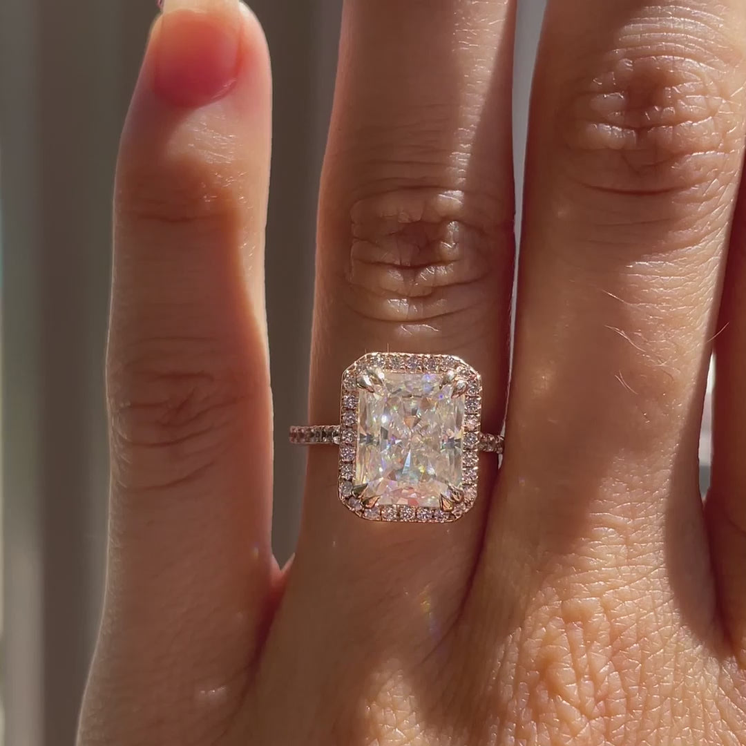 affordable rose gold dual claw 3 carat emerald halo lab diamond engagement ring Quorri