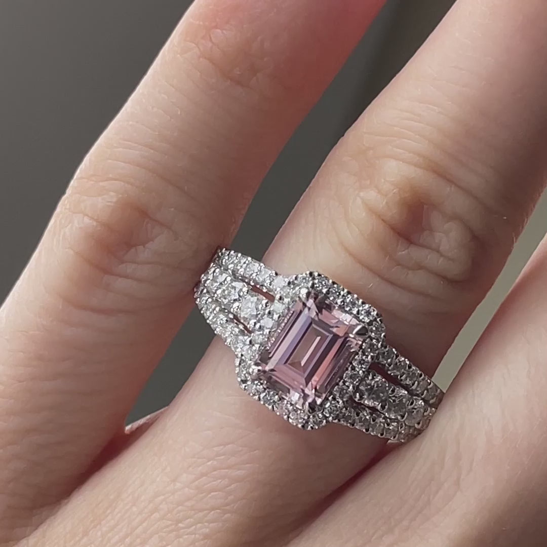 designer 14k white gold claw prong 2 carat lab grown pink sapphire and diamond halo engagement ring made in Canada at Quorri