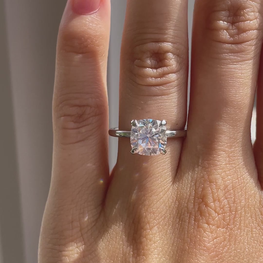 18k white gold blue sapphire accented claw prong 3 carat cushion lab created diamond engagement ring Quorri 