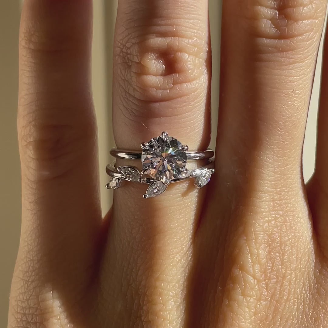 designer 18k white gold leaf design marquise lab diamond wedding and 2 carat round engagement ring set at Quorri Canada