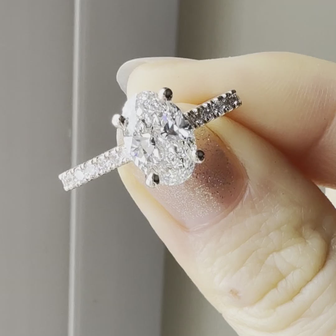 affordable designer 18k white gold accented oval 2 carat lab grown diamond engagement ring Quorri Canada